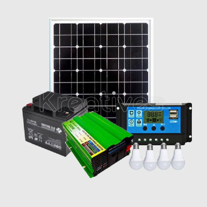 40w Solar panel + 40AH Battery + 150w inverter + 10 Amp solar controller + 4 bulbs